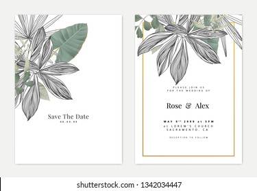 Minimalist botanical wedding invitation card template design, black and white leaves line art ink drawing and various green leaves on white