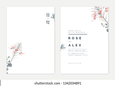 Minimalist botanical wedding invitation card template design, pink peacock and leaves on white