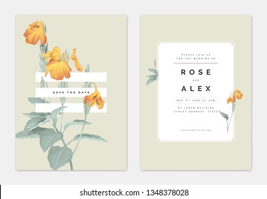 Minimalist botanical wedding invitation card template design, yellow crossandra flowers with leaves on light brown, pastel vintage theme