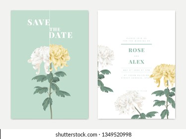 Minimalist botanical wedding invitation card template design, yellow and white Chrysanthemum morifolium flowers with leaves on blue, pastel vintage theme