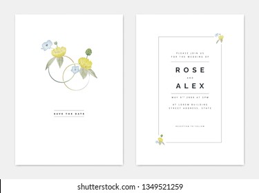 Diseño minimalista de plantillas para tarjetas de invitación a bodas botánicas, mariposas amarillas y flores azules nemoflas decoradas en anillos de pareja, tema de cosecha en tonos pastel