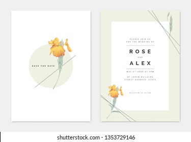 Minimalist botanical wedding invitation card template design, yellow crossandra flowers on white, pastel vintage theme