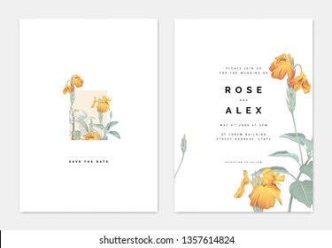 Minimalist botanical wedding invitation card template design, yellow crossandra flowers with leaves on white, pastel vintage theme