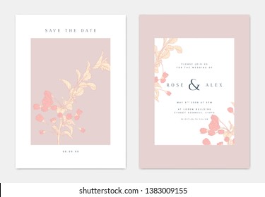 Diseño minimalista de plantillas de tarjetas de invitación a bodas botánicas, flores sakura con dibujo de tinta de línea de hojas, tonos rosa y blanco