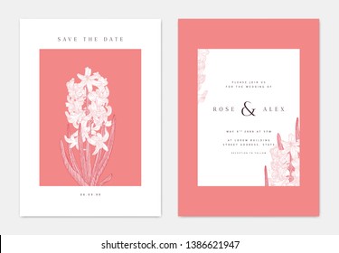 Minimalist botanical wedding invitation card template design, hyacinth flowers with leaves line art ink drawing, red and white tones