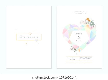 Minimalist botanical wedding invitation card template design, heart shaped cut gemstone decorated with leaves on white, pastel theme