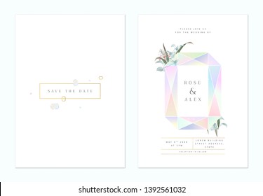 Minimalist botanical wedding invitation card template design, asscher shaped cut gemstone decorated with flowers and leaves on white, pastel theme