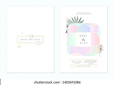 Minimalist botanical wedding invitation card template design, radiant shaped cut gemstone decorated with leaves on white, pastel theme