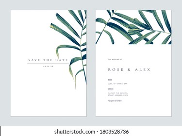 Minimalist Botanical Wedding Invitation Card Template Design, Hand Drawn Palm Leaves On White