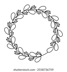 Minimalist Botanical Wreath, Black and White Circular Family Name Sign, Elegant Logo Vector