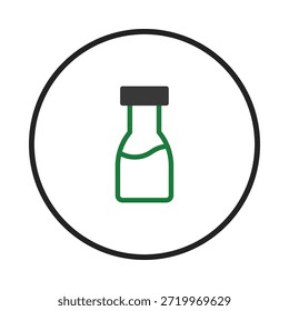 Um ícone de garrafa minimalista, fechado dentro de um círculo, com um contorno verde e uma tampa preta. O design simplista evoca temas de bebidas, medicamentos ou substâncias de laboratório, ideais para