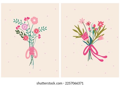 Un ramo minimalista de flores silvestres atadas con una cinta festiva. Composición floral para celebrar el Día de la Madre, vacaciones de primavera, bodas, etc. Florecimiento de primavera. Ilustración del vector