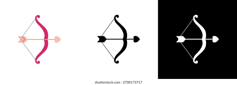 Um design minimalista de arco e seta, exibido em três versões coloridas: rosa, preto e branco, representando a seta de Cupido e a ideia de amor à primeira vista.