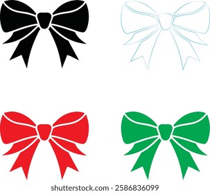 Minimalist bow illustrations, colorful vector bows, simple ribbon designs, graphic decorative elements, black white red green blue bows, clean line art, symmetrical bow shapes, holiday gift wrapping m