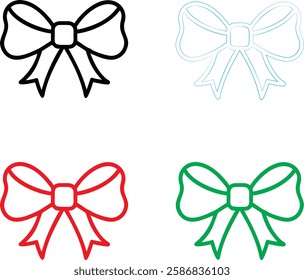 Minimalist bow illustrations, colorful vector bows, simple ribbon designs, graphic decorative elements, black white red green blue bows, clean line art, symmetrical bow shapes, holiday gift wrapping m