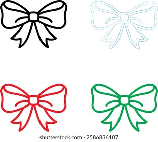 Minimalist bow illustrations, colorful vector bows, simple ribbon designs, graphic decorative elements, black white red green blue bows, clean line art, symmetrical bow shapes, holiday gift wrapping m