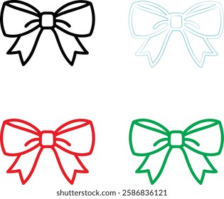 Minimalist bow illustrations, colorful vector bows, simple ribbon designs, graphic decorative elements, black white red green blue bows, clean line art, symmetrical bow shapes, holiday gift wrapping m