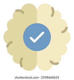 A minimalist brain icon featuring a blue checkmark, representing approval and intelligence in graphics.