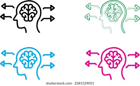 Minimalist brain icons, simple head outlines, colorful silhouettes, brain diagram, mental health concept, linear design, flat illustration, psychological symbolism, cognitive thinking representation, 