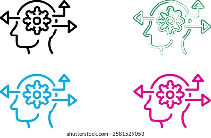 Minimalist brain icons, simple head outlines, colorful silhouettes, brain diagram, mental health concept, linear design, flat illustration, psychological symbolism, cognitive thinking representation, 