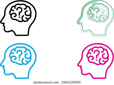 Minimalist brain icons, simple head outlines, colorful silhouettes, brain diagram, mental health concept, linear design, flat illustration, psychological symbolism, cognitive thinking representation, 