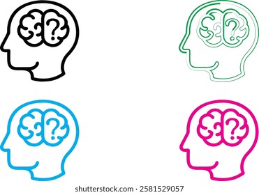 Minimalist brain icons, simple head outlines, colorful silhouettes, brain diagram, mental health concept, linear design, flat illustration, psychological symbolism, cognitive thinking representation, 