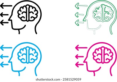 Minimalist brain icons, simple head outlines, colorful silhouettes, brain diagram, mental health concept, linear design, flat illustration, psychological symbolism, cognitive thinking representation, 