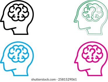 Minimalist brain icons, simple head outlines, colorful silhouettes, brain diagram, mental health concept, linear design, flat illustration, psychological symbolism, cognitive thinking representation, 