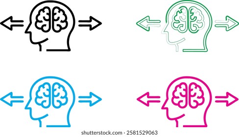 Minimalist brain icons, simple head outlines, colorful silhouettes, brain diagram, mental health concept, linear design, flat illustration, psychological symbolism, cognitive thinking representation, 