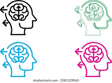 Minimalist brain icons, simple head outlines, colorful silhouettes, brain diagram, mental health concept, linear design, flat illustration, psychological symbolism, cognitive thinking representation, 