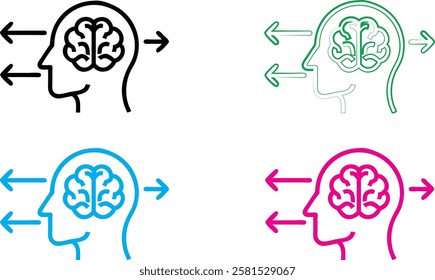 Minimalist brain icons, simple head outlines, colorful silhouettes, brain diagram, mental health concept, linear design, flat illustration, psychological symbolism, cognitive thinking representation, 