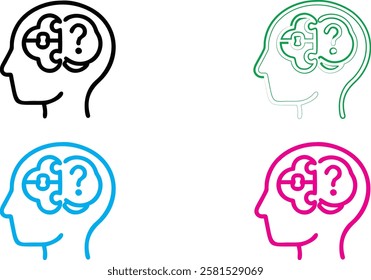 Minimalist brain icons, simple head outlines, colorful silhouettes, brain diagram, mental health concept, linear design, flat illustration, psychological symbolism, cognitive thinking representation, 