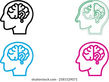 Minimalist brain icons, simple head outlines, colorful silhouettes, brain diagram, mental health concept, linear design, flat illustration, psychological symbolism, cognitive thinking representation, 