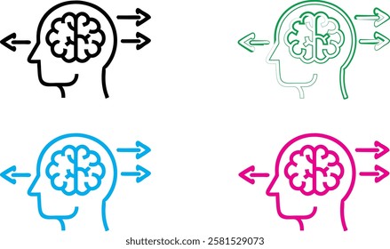 Minimalist brain icons, simple head outlines, colorful silhouettes, brain diagram, mental health concept, linear design, flat illustration, psychological symbolism, cognitive thinking representation, 