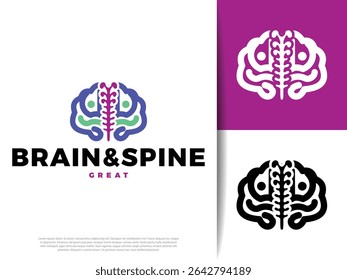 Ícone minimalista do cérebro e da coluna representando a neurociência, a neurologia e a saúde da coluna vertebral. Símbolo de vetor limpo ideal para aplicativos médicos, clínicas, educação ou marca de saúde.