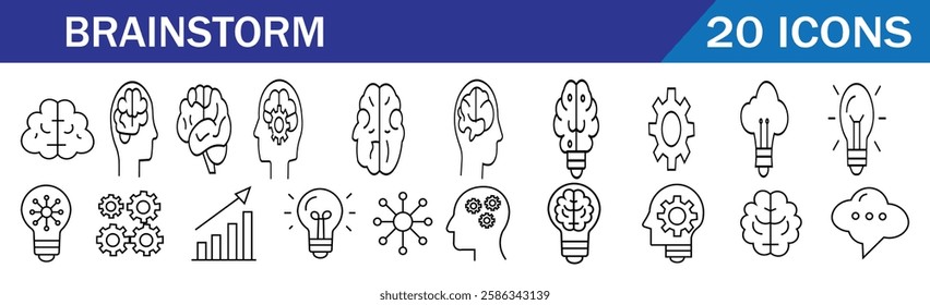 Minimalist brainstorm icons featuring light bulbs, gears, brains, and thought bubbles in solid black on a white background. Ideal for creative projects, illustrating brainstorming and idea generation.