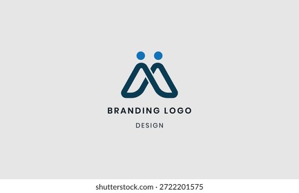 Logotipo de marca minimalista con dos figuras humanas interconectadas en azul oscuro sobre un fondo gris claro