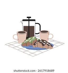 Minimalist breakfast illustration featuring two coffee cups, a French press, and croissants with green and chocolate toppings on a plate, placed on a grid-patterned tablecloth. Vector illustration