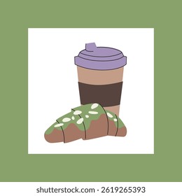Minimalist breakfast illustration with a to go coffee cup and a croissant topped with green icing and white seeds, set against a green frame background. Vector illustration
