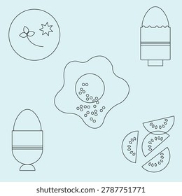 Minimalist breakfast line icons set with fried egg and fruit slices