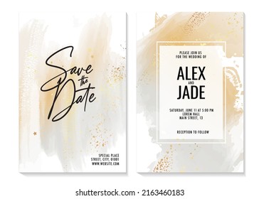 Invitación a la boda en acuarela rústica con ducha de novia minimalista, ahorre la tarjeta de matrimonio de fecha, invita al diseño tarjeta de caída naranja Pastel Gris en vector con textura de oro , diseño elegante 