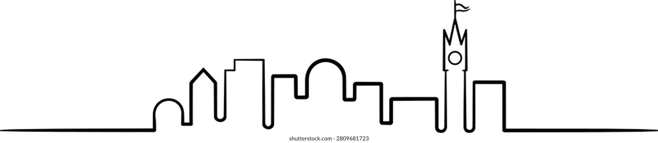 Minimalist Bridgetown skyline continuous line art with hand-written city text. A single black line outlines the Barbados city buildings and clock tower. It features clean vector lines.