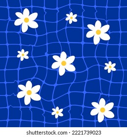 Minimalist bright mosaic seamless pattern with daisy. Dark blu wavy distorted grid on a blu background.Ideal for printing baby clothes, textiles, fabrics, wrapping paper. Vector 