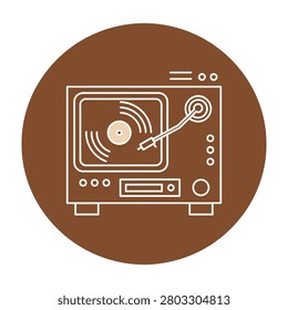 A minimalist brown circular icon featuring a vintage vinyl record player turntable. Perfect for music websites, audio stores, retro branding, and podcast design.
