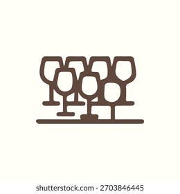 A minimalist brown icon featuring a group of stylized wine or beverage glasses arranged neatly. Perfect for elegant design themes or event branding.