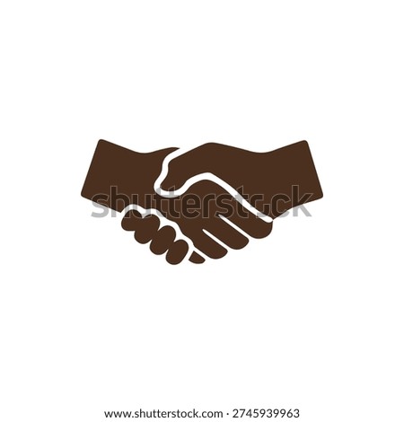 A minimalist brown icon of a handshake on a white background. This vector graphic represents partnership, agreement, business deals, and cooperation.