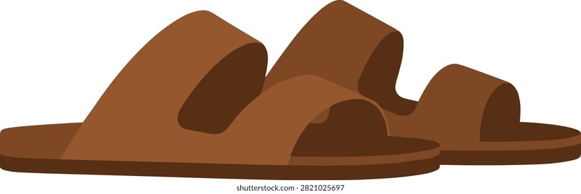Minimalist brown leather slide sandals on a grey background. A minimalist illustration of brown leather two-strap slide sandals on a solid gray background. Ideal for fashion retail websites or summer apparel product catalogs.