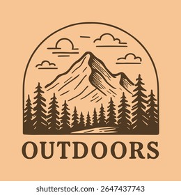 Minimalist brown line art featuring a rugged mountain range and evergreen forest, with the word 'OUTDOORS' at the base. This vintage-inspired design evokes adventure, nature.