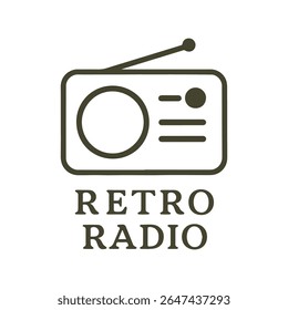 A minimalist brown line art icon of a vintage radio receiver with an antenna and text 'RETRO RADIO' below. Ideal for projects related to nostalgia music media and old technology themes.