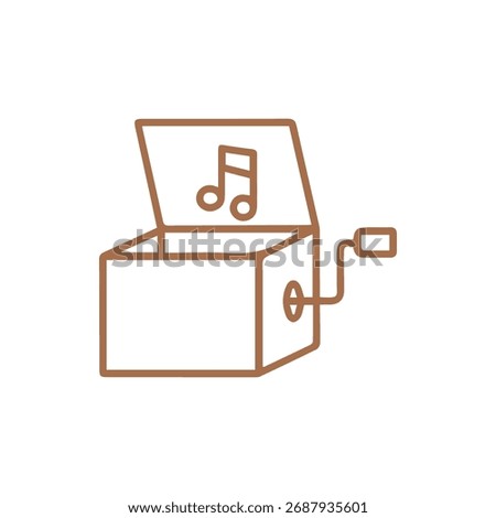A minimalist brown line icon featuring an open hand crank music box with musical notes inside, symbolizing melody, nostalgia, and charm.